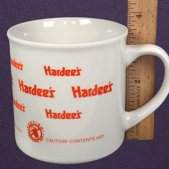 Set of 2 Hardees Caution! Contents Hot Coffee Cup Mug White Orange - Picture 11 of 12